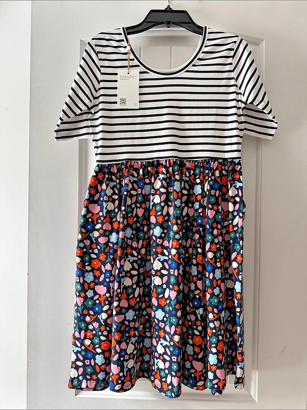 Quince Striped Floral Mini Dress with Navy & White Stripes Size 12 NWT